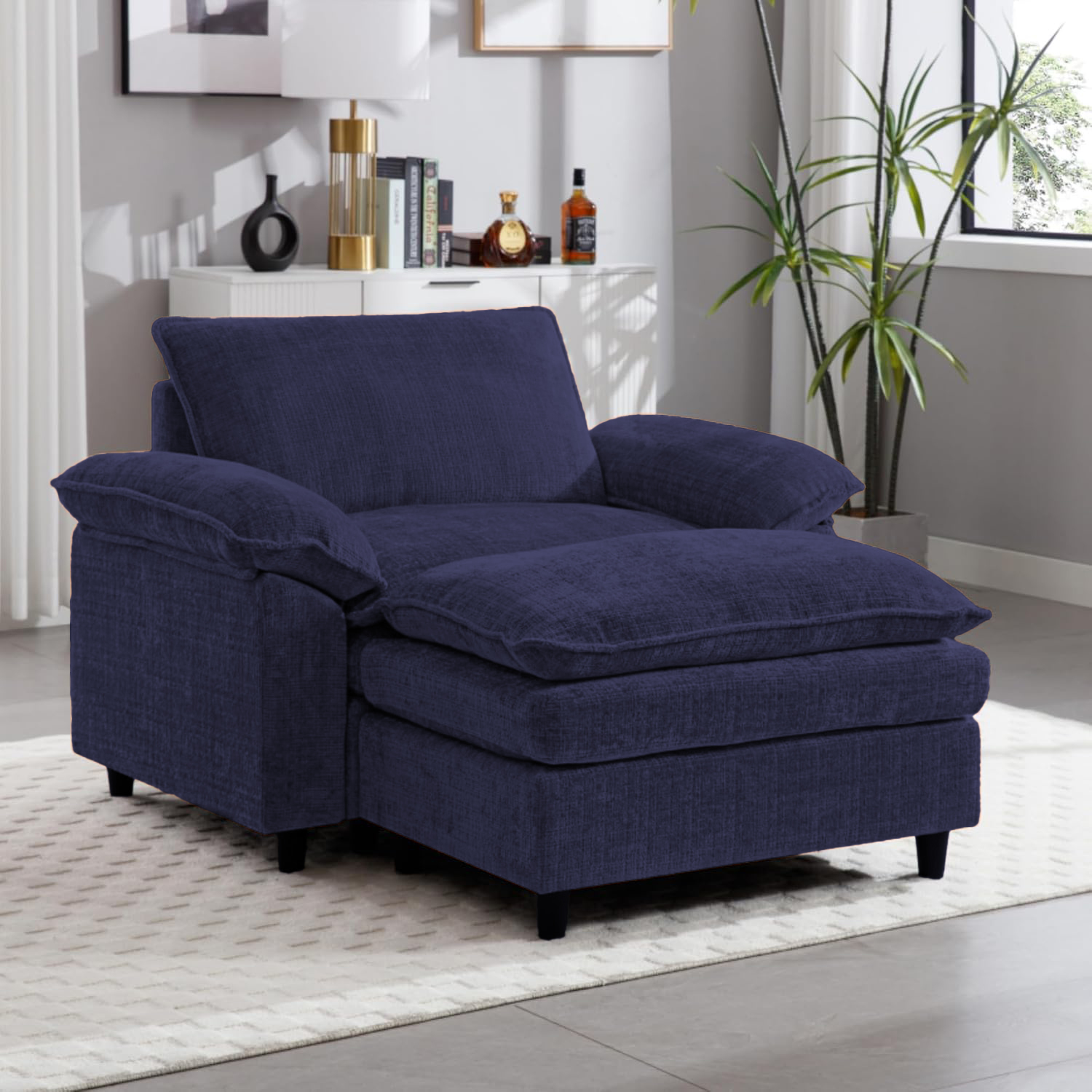 (Available only in Japan) Accent Chair with Ottoman – Single Sofa, Blue Gray